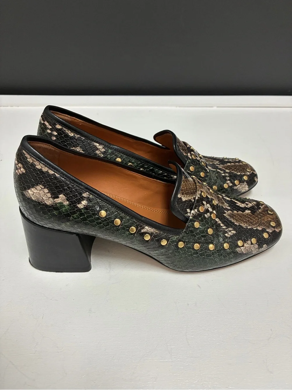 Tory Burch Leather Snake-Print Stud Block Heel Loafers